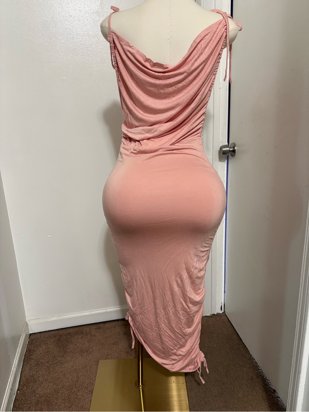 Tie-Shoulder Dusty Pink Bodycon Midi Dress NWOT - Picture 2 of 3